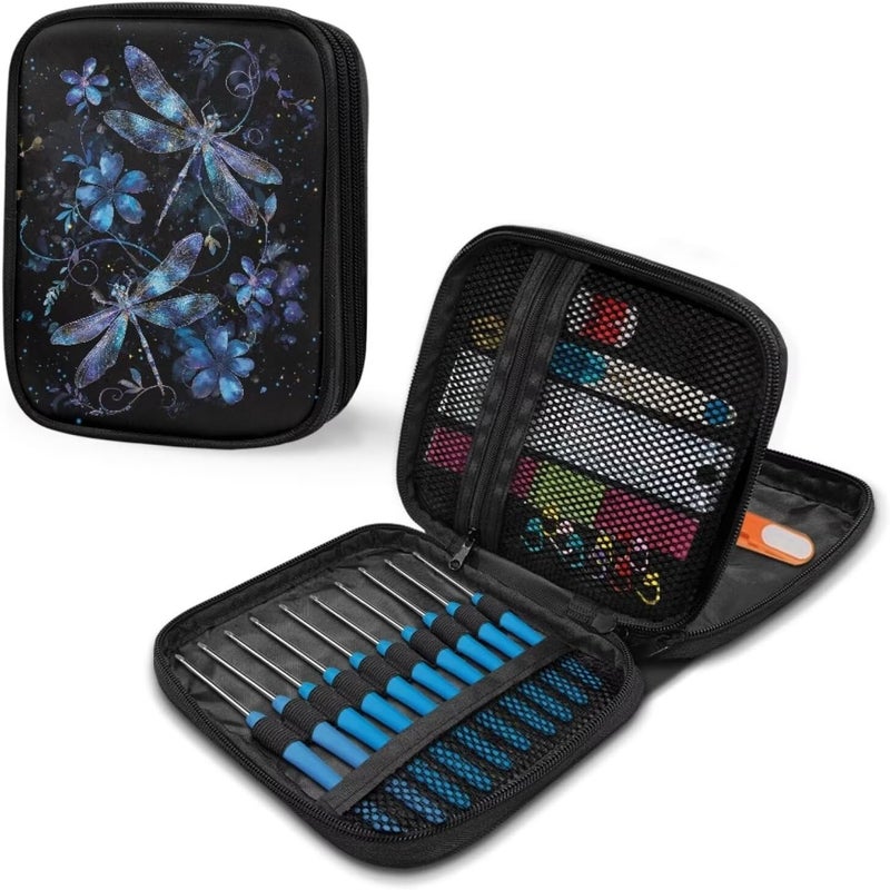 Hechitok Dragonfly Flower Empty Crochet Hook Case Portable Travel Crochet Storage Bag Organizer Zipper Bags with Web Pocket and Crochet Holder Slots for Crochet Knitting Accessories - Image 5